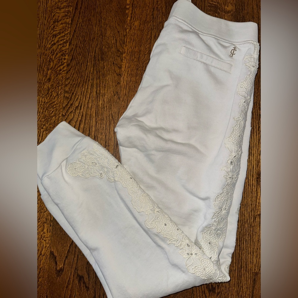 Juicy Couture White Drawstring Jogger Sweat Vintage - Floral Down Legs - EUC SM